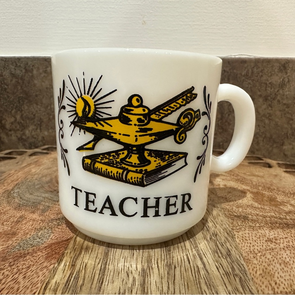 Vintage Teacher Lamp Of Knowledge Milk Glass Coffee Mug